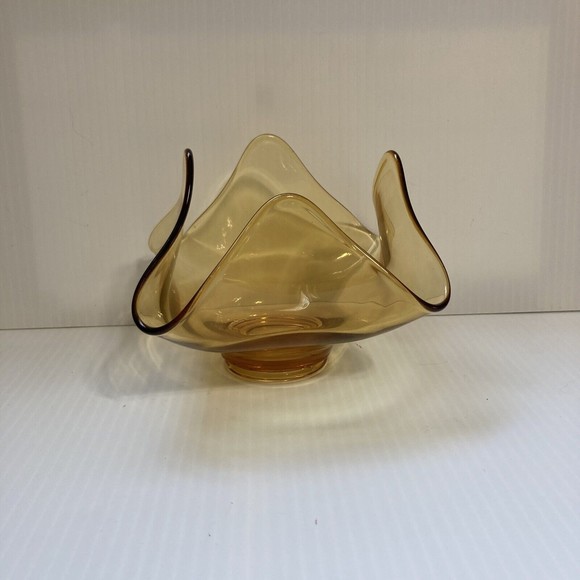 Vintage MCM Amber Handkerchief Ruffled Pinched Art Glass Bowl, Mid Century - Picture 8 of 11